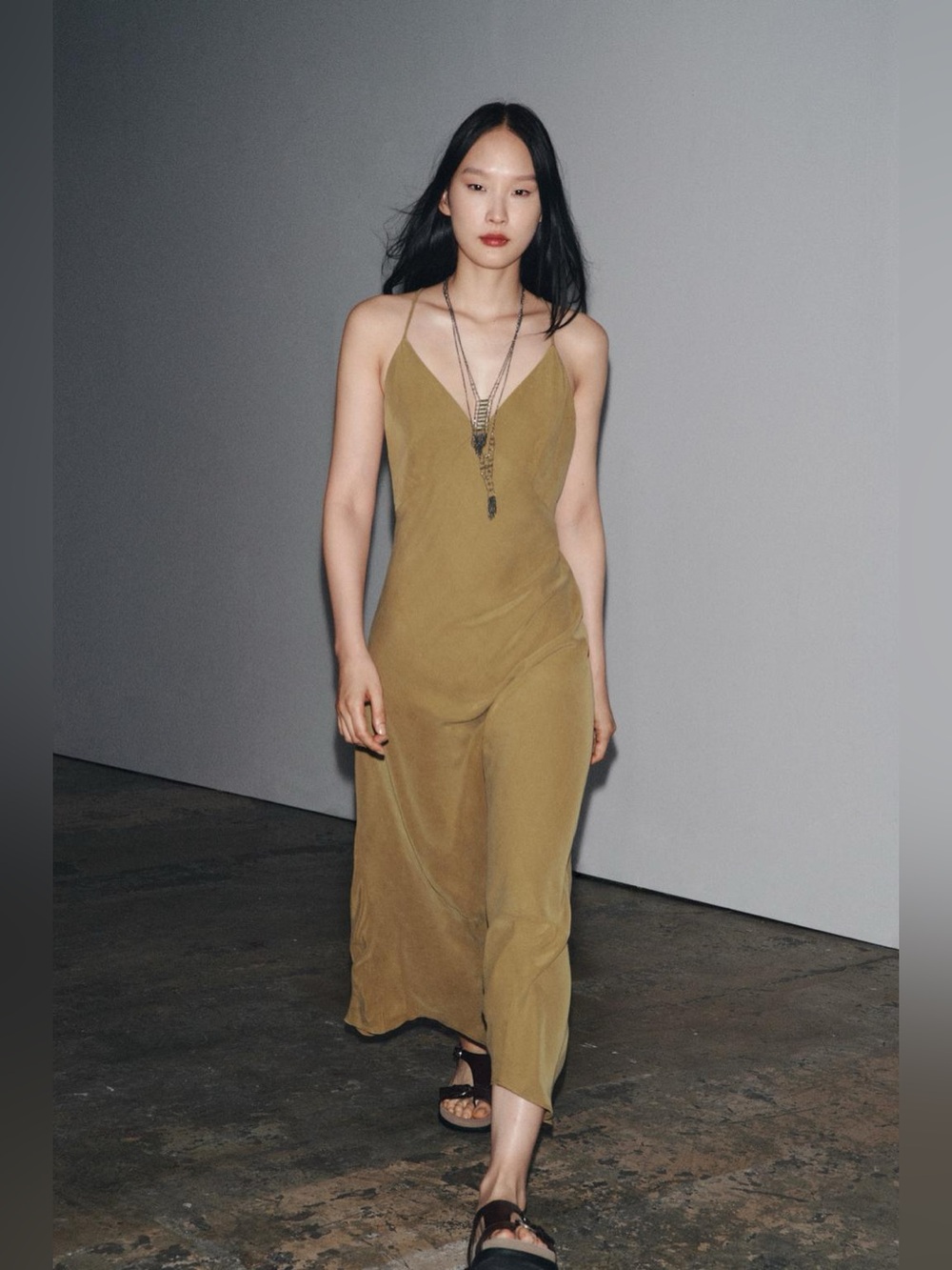 ZARA Khaki Flowy Slip dress M NWT
